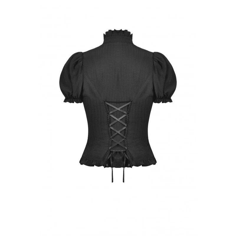Damen Gothic Rüschen Kurz Puffärmel Shirt Schwarz
