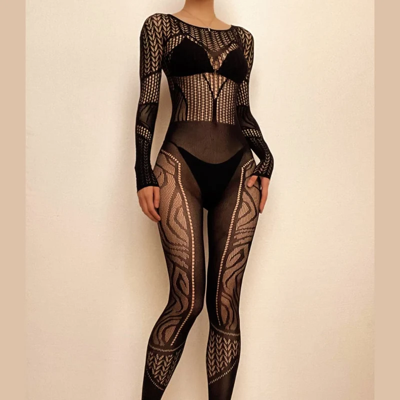 Fishnet long sleeve hollow out see through jumpsuit - Final Sale