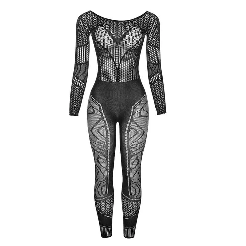 Fishnet long sleeve hollow out see through jumpsuit - Final Sale