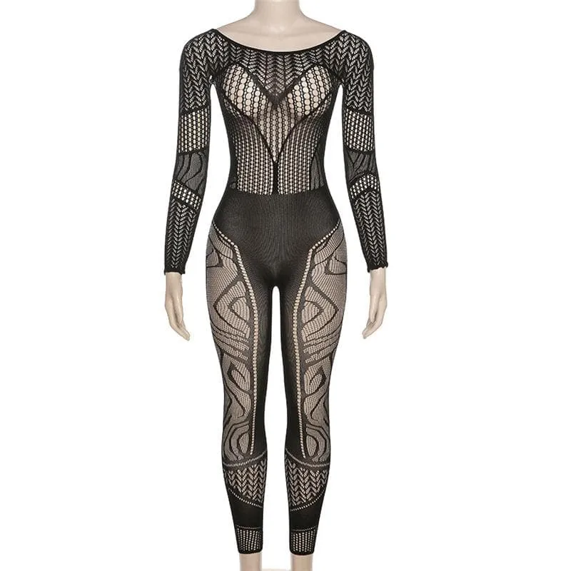 Fishnet long sleeve hollow out see through jumpsuit - Final Sale