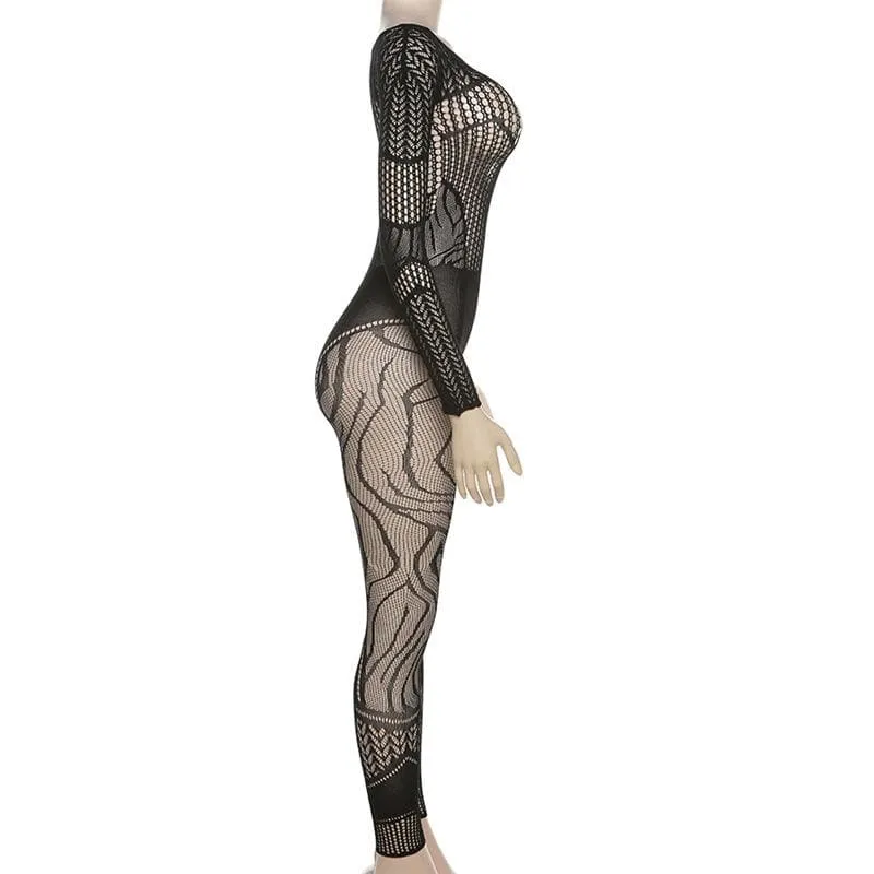 Fishnet long sleeve hollow out see through jumpsuit - Final Sale