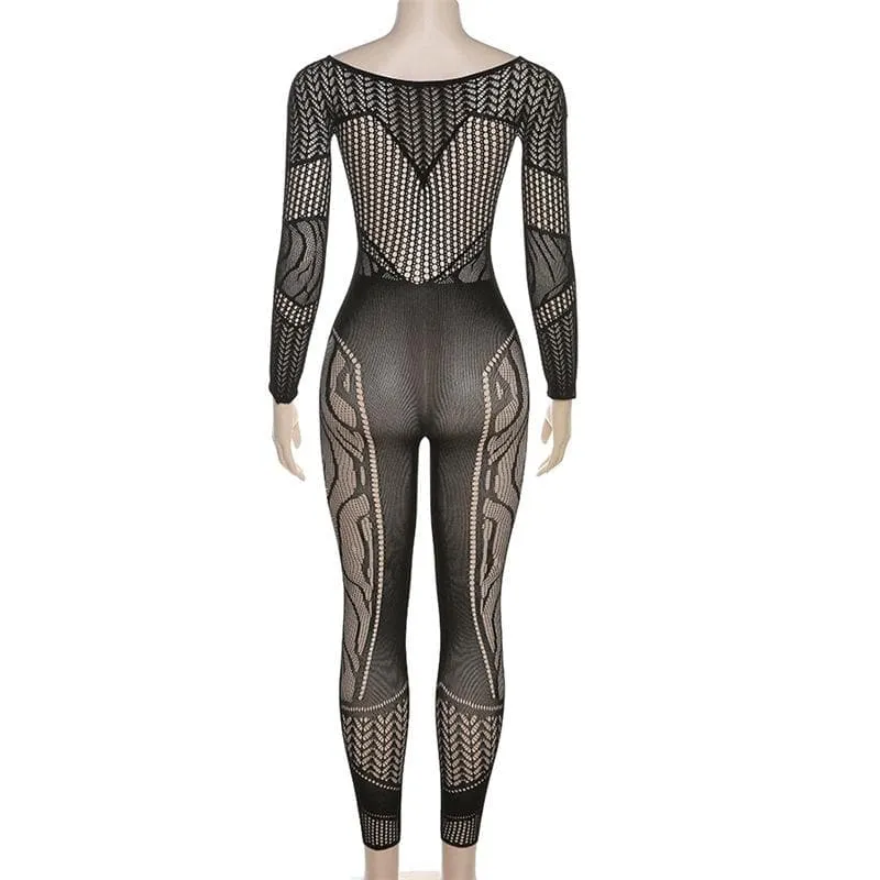 Fishnet long sleeve hollow out see through jumpsuit - Final Sale