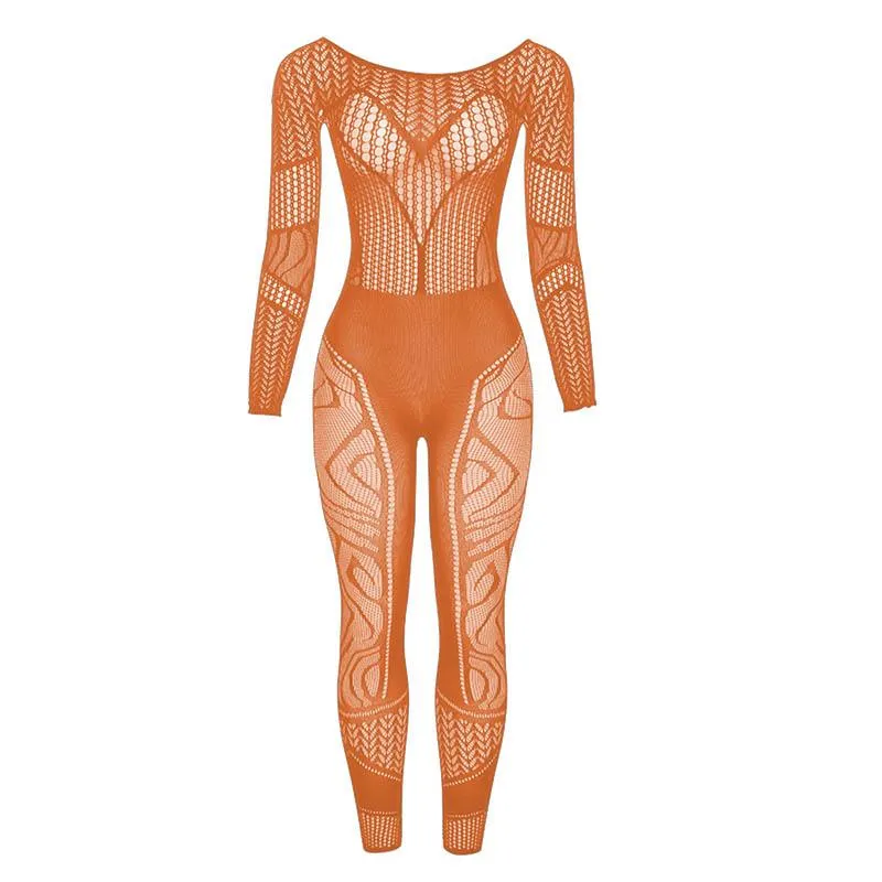 Fishnet long sleeve hollow out see through jumpsuit - Final Sale