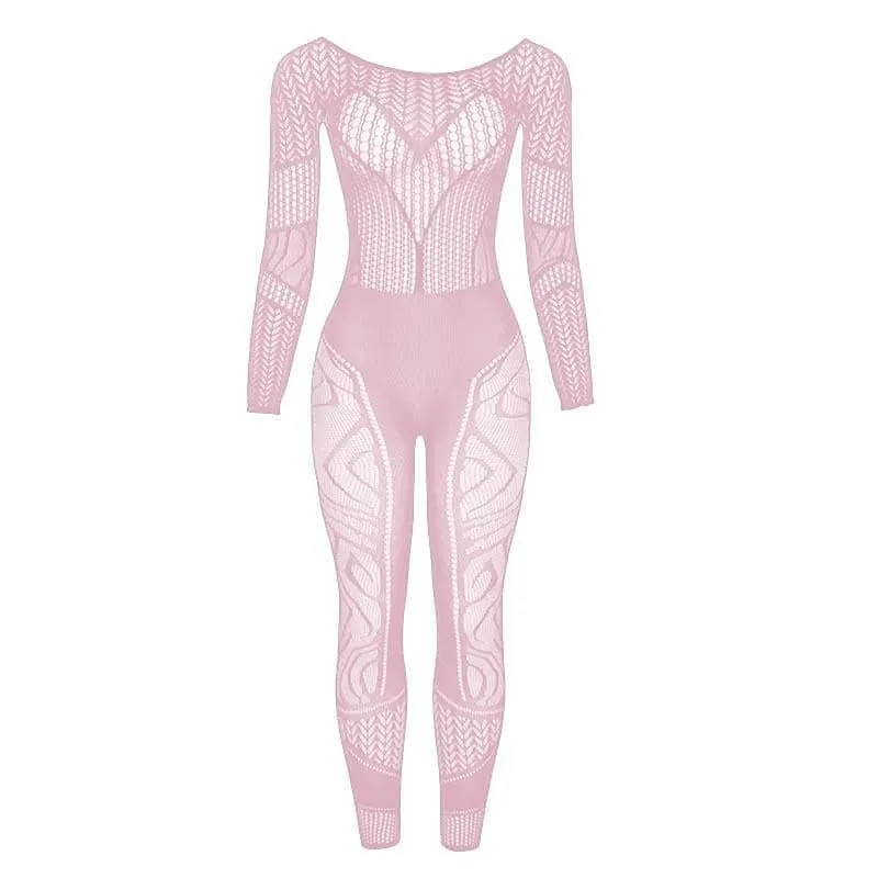 Fishnet long sleeve hollow out see through jumpsuit - Final Sale