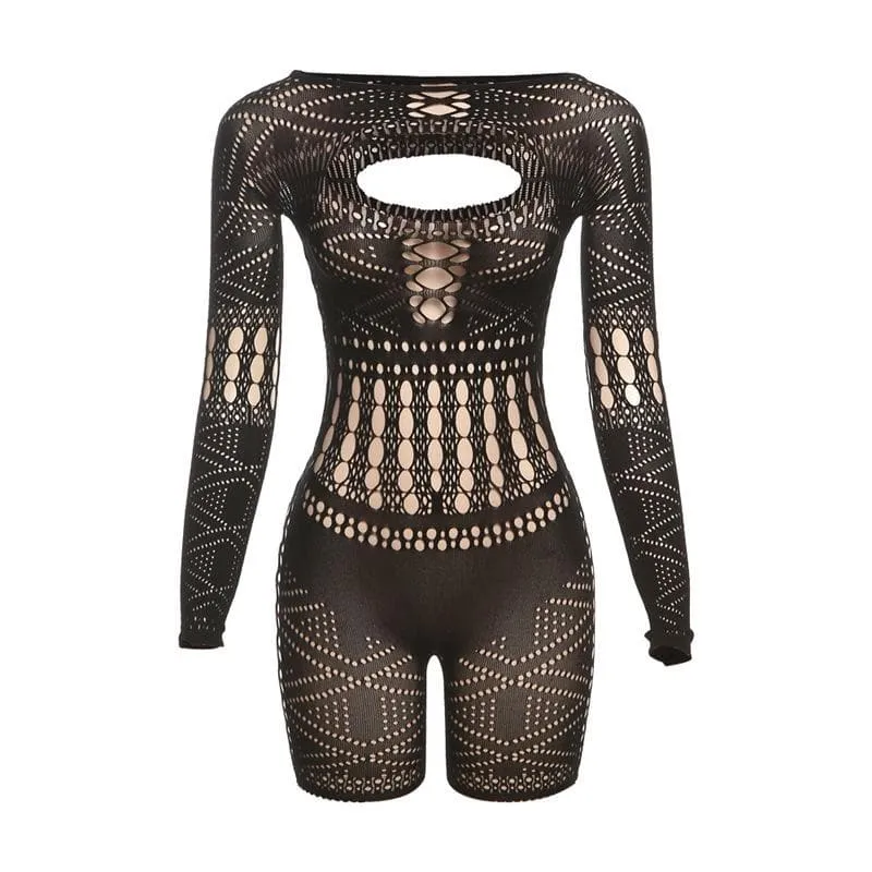 Fishnet long sleeve cut out see through solid romper-final-sale