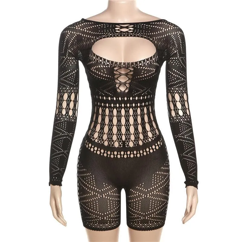 Fishnet long sleeve cut out see through solid romper-final-sale