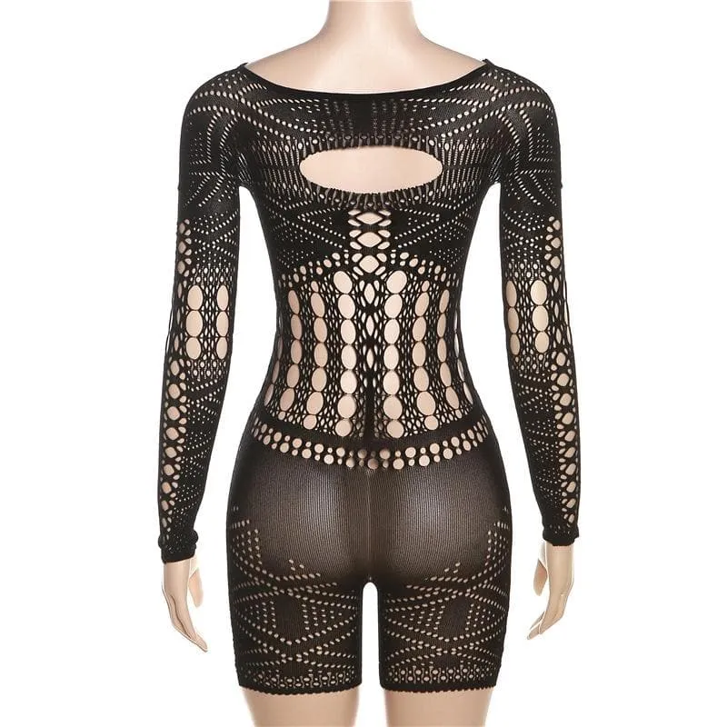 Fishnet long sleeve cut out see through solid romper-final-sale