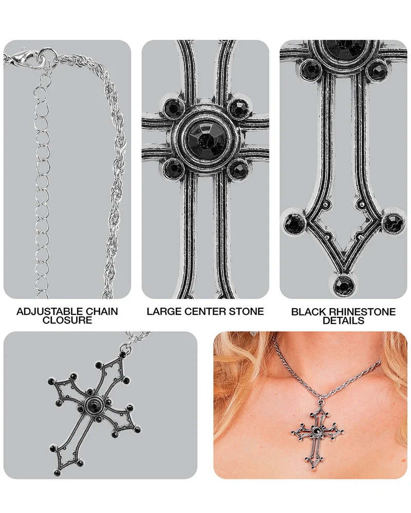 Gothic Kreuz Kette mit schwarzen Edelsteinen