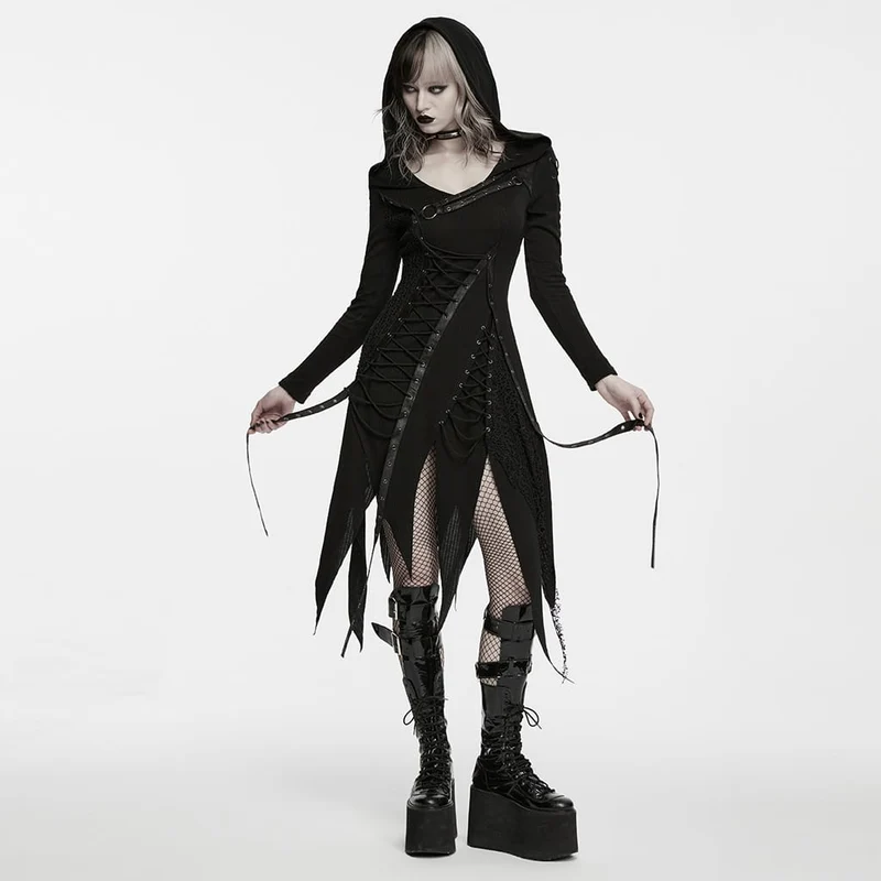 Punk-Kleid für Damen mit Kapuze, Schnürung, asymmetrischem Saum und langen Ärmeln