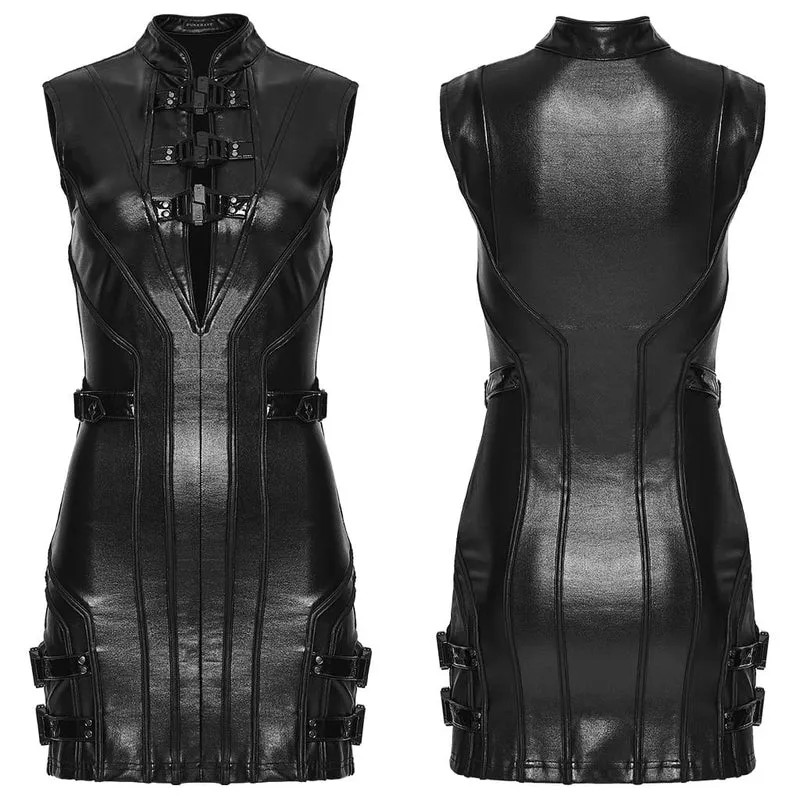 Ärmelloses Cyberpunk-Kleid mit Schnallenriemen für Damen