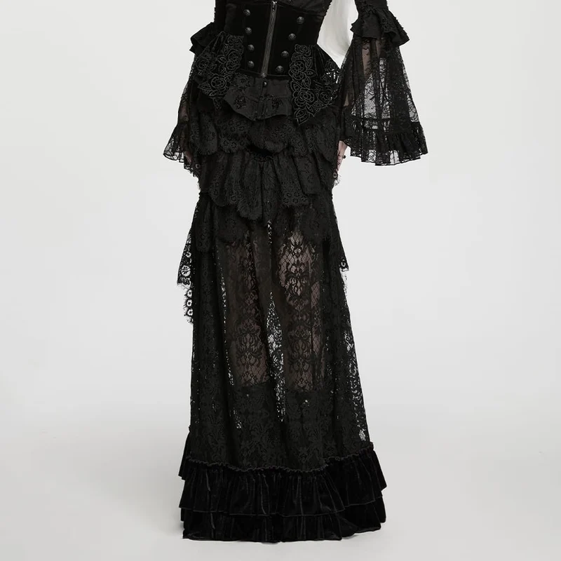 Gothic-Maxirock aus Samt und Spitze mit mehreren Lagen und Rüschen für Damen
