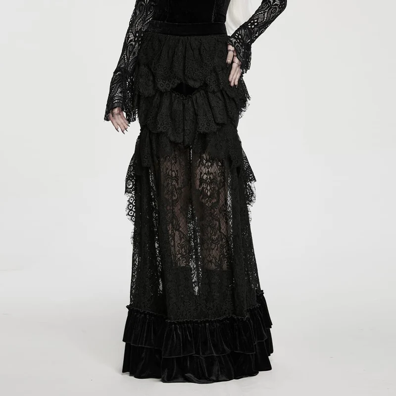 Gothic-Maxirock aus Samt und Spitze mit mehreren Lagen und Rüschen für Damen