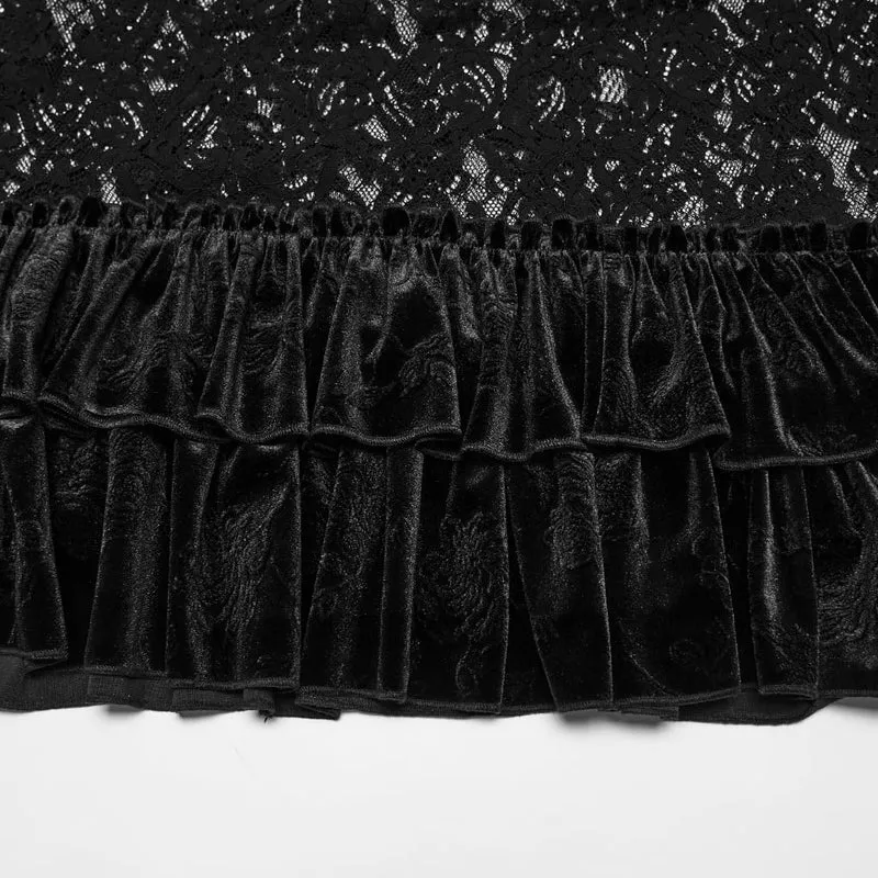 Gothic-Maxirock aus Samt und Spitze mit mehreren Lagen und Rüschen für Damen