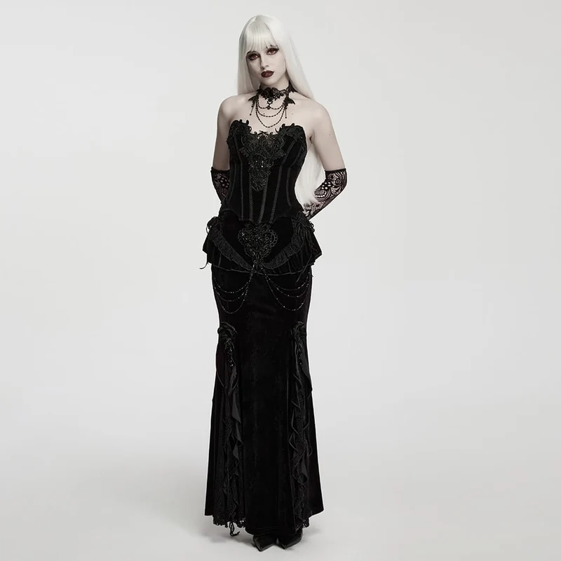 Gothic-Maxirock aus Jacquard-Samt für Damen mit Stickereien, Perlenbesatz und Rüschen.