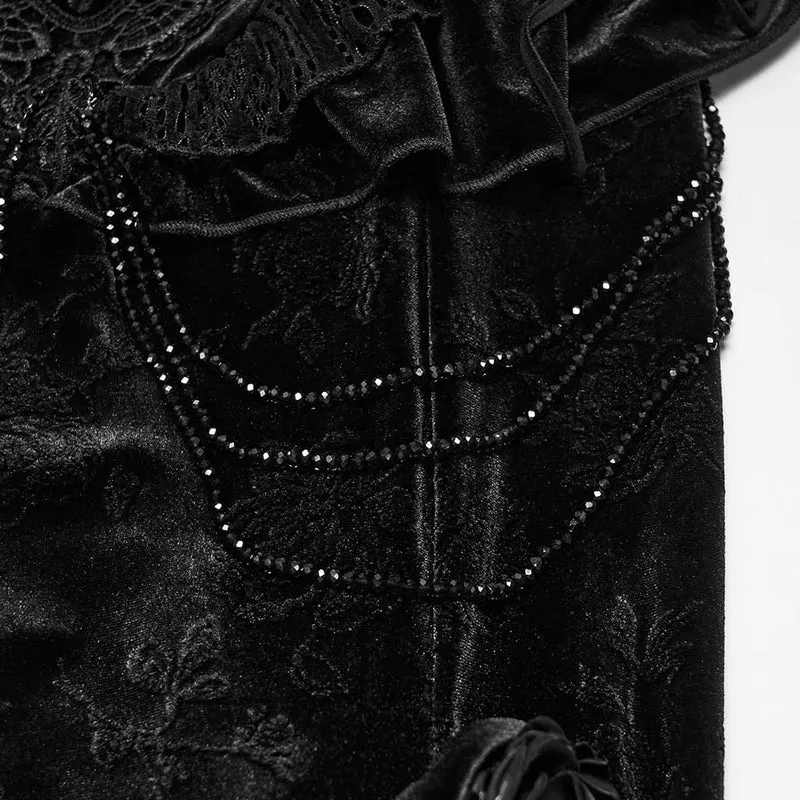 Gothic-Maxirock aus Jacquard-Samt für Damen mit Stickereien, Perlenbesatz und Rüschen.