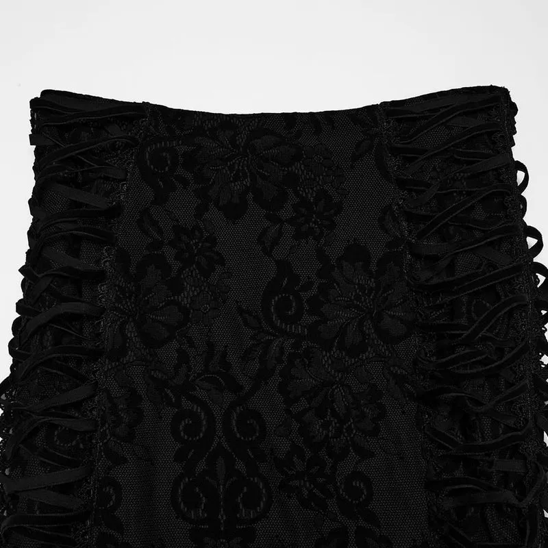 Gothic-Midirock mit Schnürung und Blumenmuster für Damen