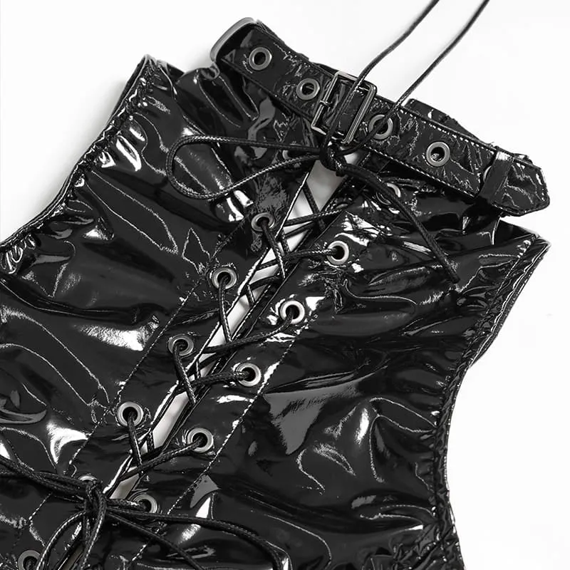 Punk-Weste für Damen mit hohem Kragen, Schnürung, Taillengurt und Armstulpen