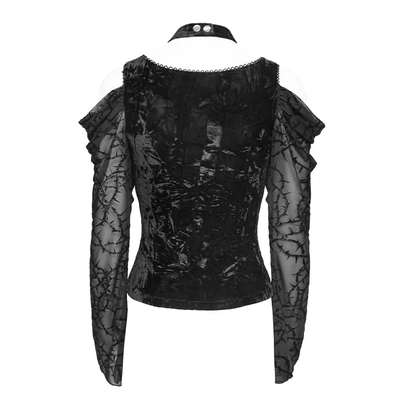 Gothic-Schnürtop mit Dornenranken-Motiv für Damen, schulterfrei, aus Mesh