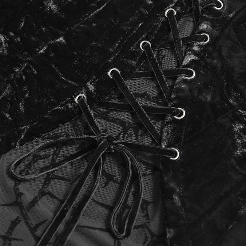 Gothic-Schnürtop mit Dornenranken-Motiv für Damen, schulterfrei, aus Mesh