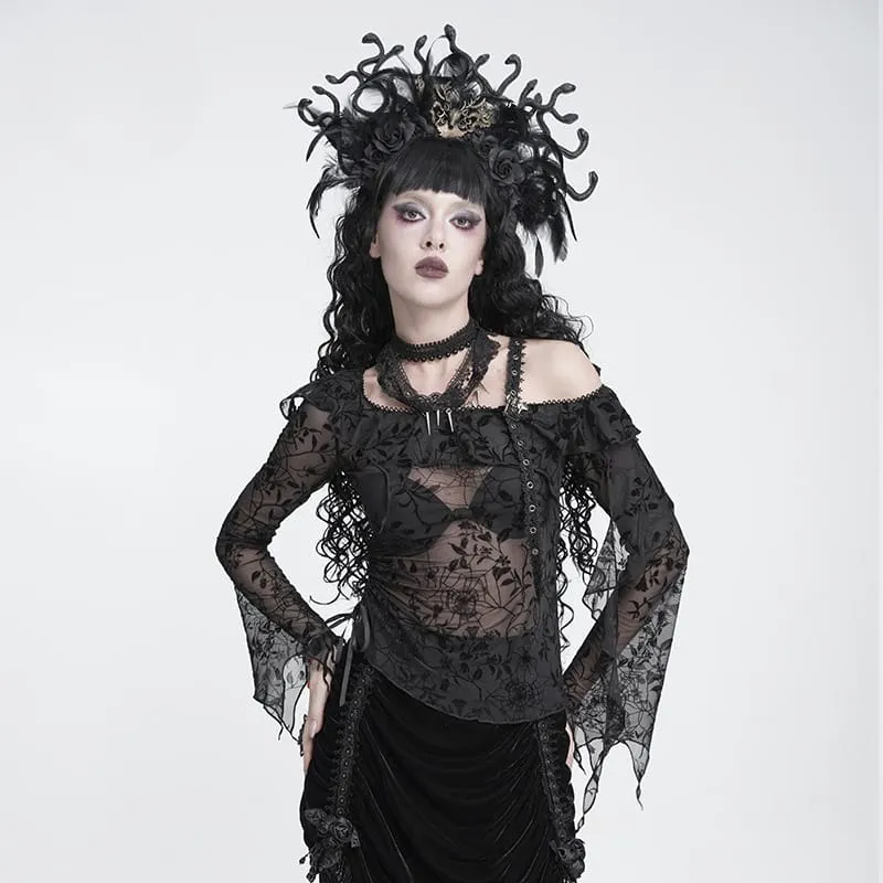 Gothic-Top für Damen, asymmetrisch, mit Blumenmuster und Spinnennetz-Design