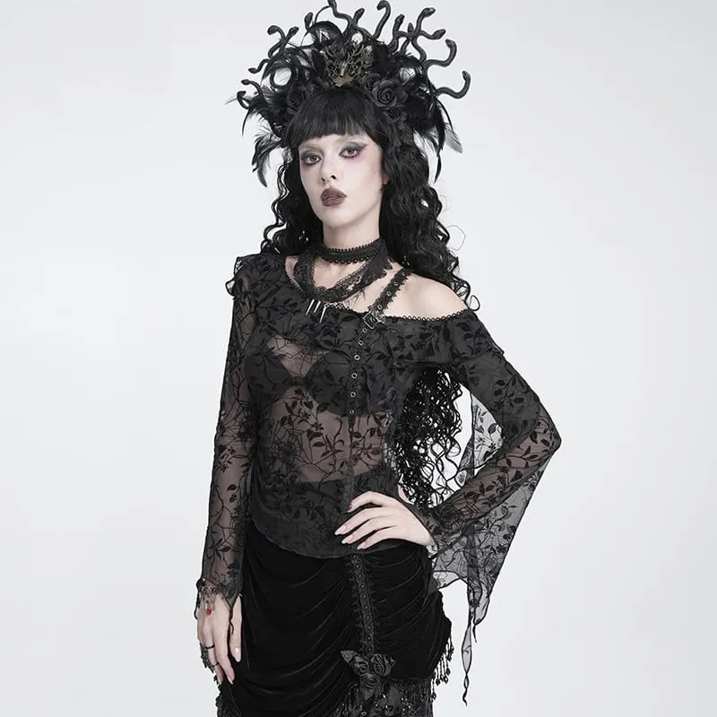 Gothic-Top für Damen, asymmetrisch, mit Blumenmuster und Spinnennetz-Design