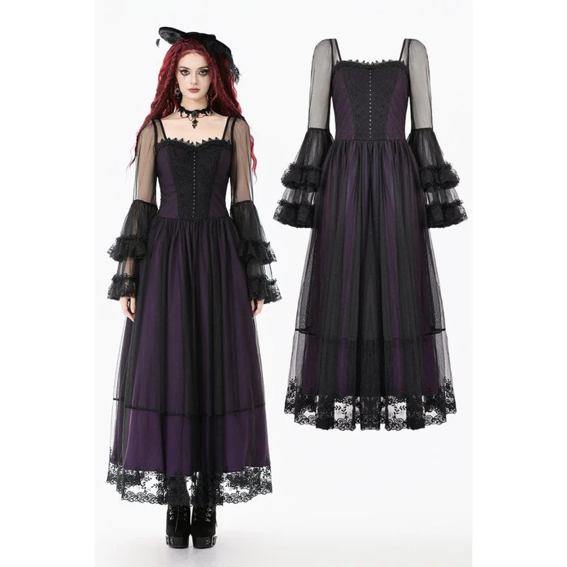 Gothic-Maxikleid für Damen, violett, mit eckigem Kragen und ausgestellten Ärmeln, Hochzeitskleid