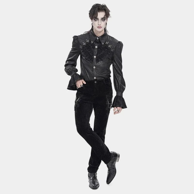 Schwarzes Herrenhemd mit gotischem Kreuz- und Spinnenmotiv, Umlegekragen und Bischofsärmeln