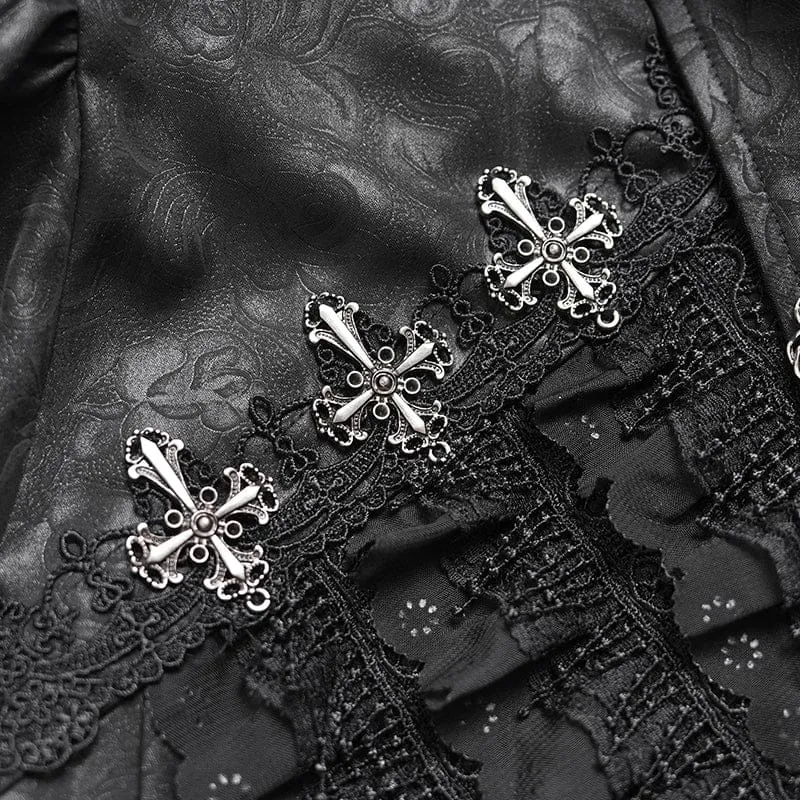 Schwarzes Herrenhemd mit gotischem Kreuz- und Spinnenmotiv, Umlegekragen und Bischofsärmeln
