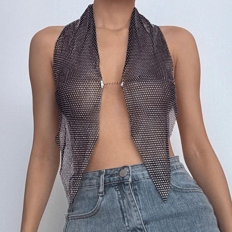 Halter fishnet beaded see through metal chain top-final-sale
