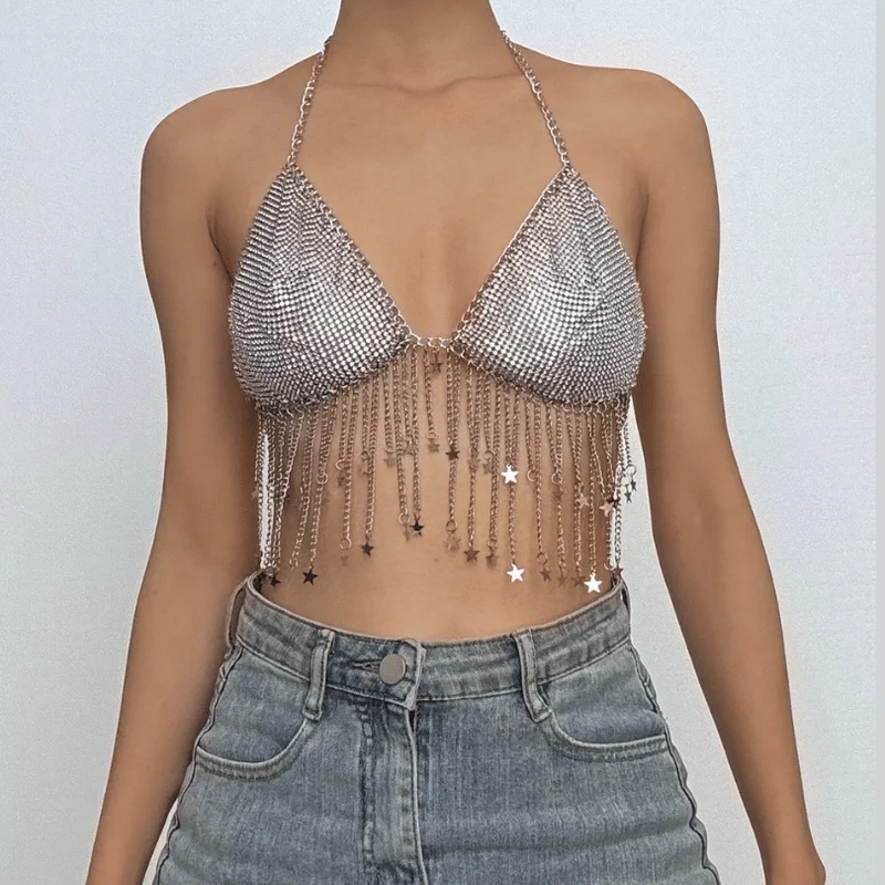 Metal chain halter beaded v neck tassels top-final-sale
