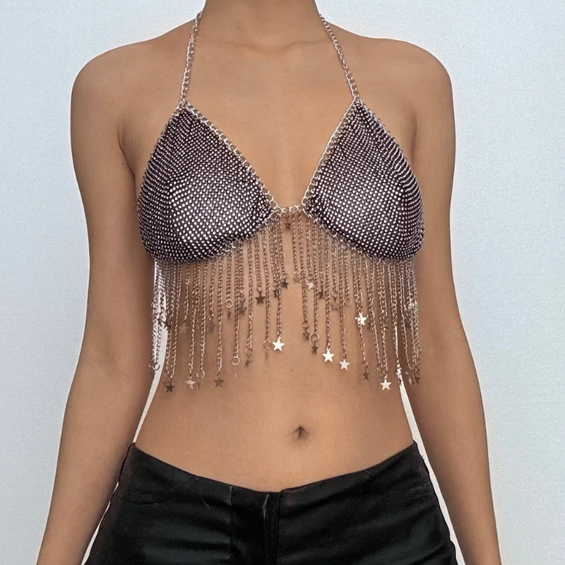 Metal chain halter beaded v neck tassels top-final-sale