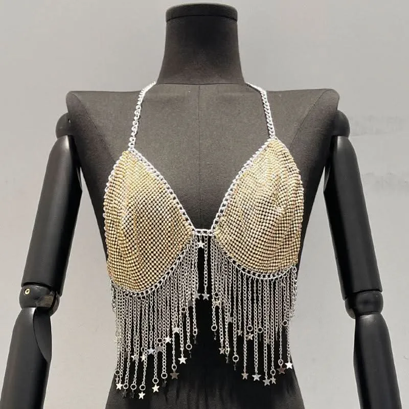 Metal chain halter beaded v neck tassels top-final-sale