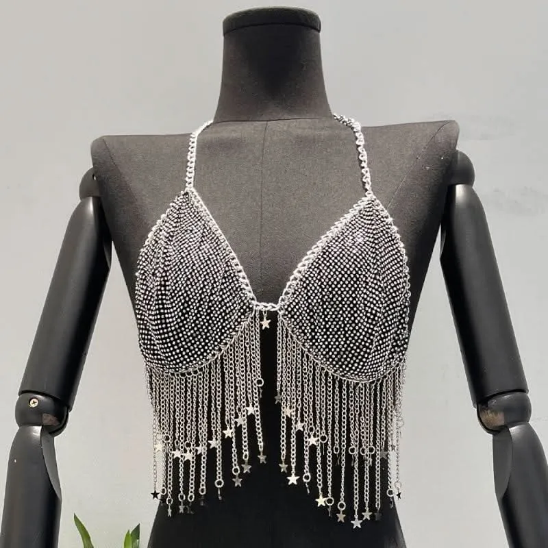 Metal chain halter beaded v neck tassels top-final-sale