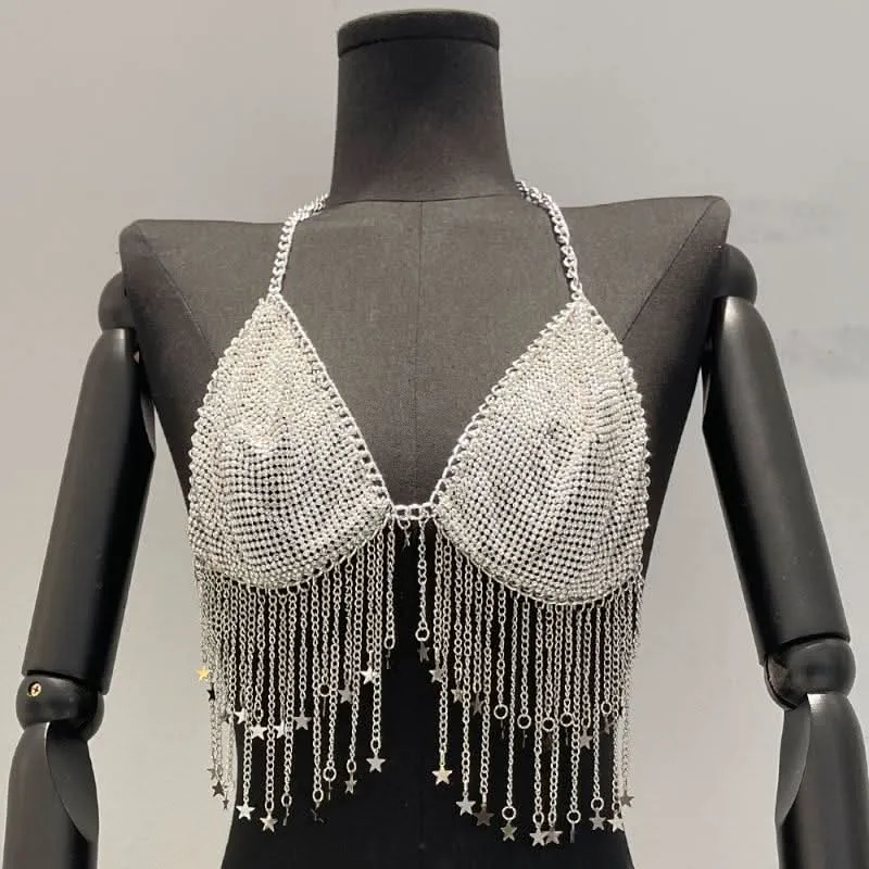 Metal chain halter beaded v neck tassels top-final-sale