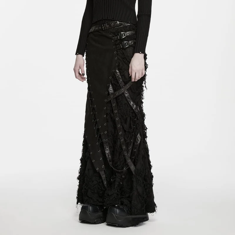 Punk-Maxirock für Damen, asymmetrisch, mit Ösen und Schnürung im Used-Look