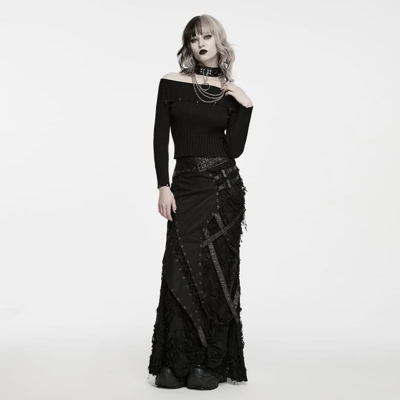 Punk-Maxirock für Damen, asymmetrisch, mit Ösen und Schnürung im Used-Look