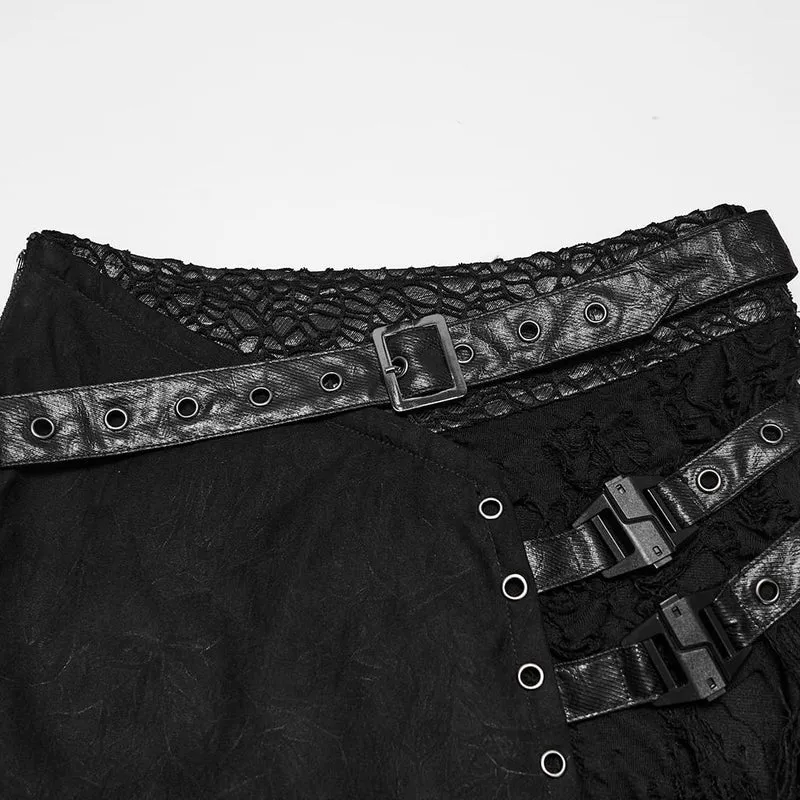Punk-Maxirock für Damen, asymmetrisch, mit Ösen und Schnürung im Used-Look