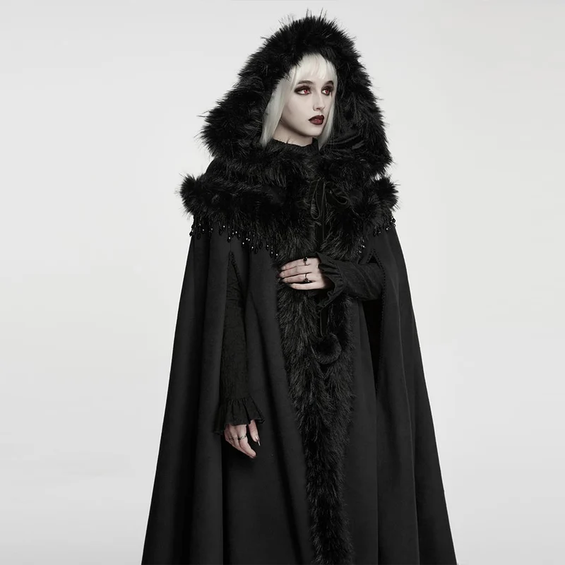 Gothic-Umhang für Damen mit Perlen- und Quastenbesatz sowie Kunstpelzbesatz und Kapuze