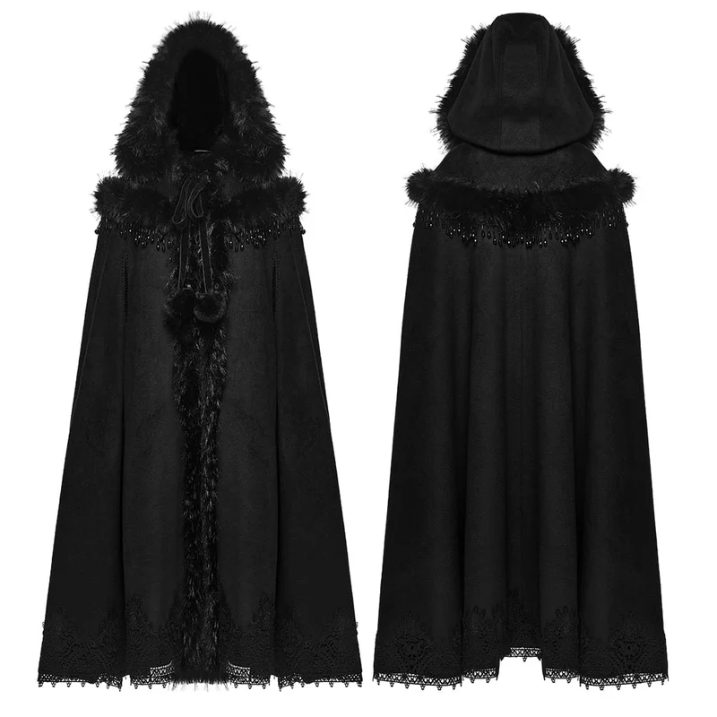 Gothic-Umhang für Damen mit Perlen- und Quastenbesatz sowie Kunstpelzbesatz und Kapuze