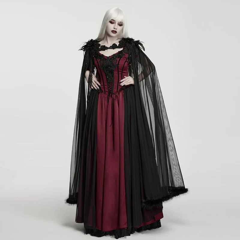 Gothic-Umhang für Damen mit Feder- und Perlenapplikationen aus Netzstoff