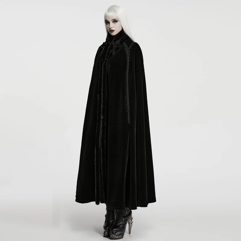 Gothic-Vintage-Samtmantel für Damen mit Stickereien, Kunstpelzbesatz