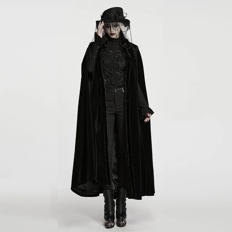 Gothic-Vintage-Samtmantel für Damen mit Stickereien, Kunstpelzbesatz