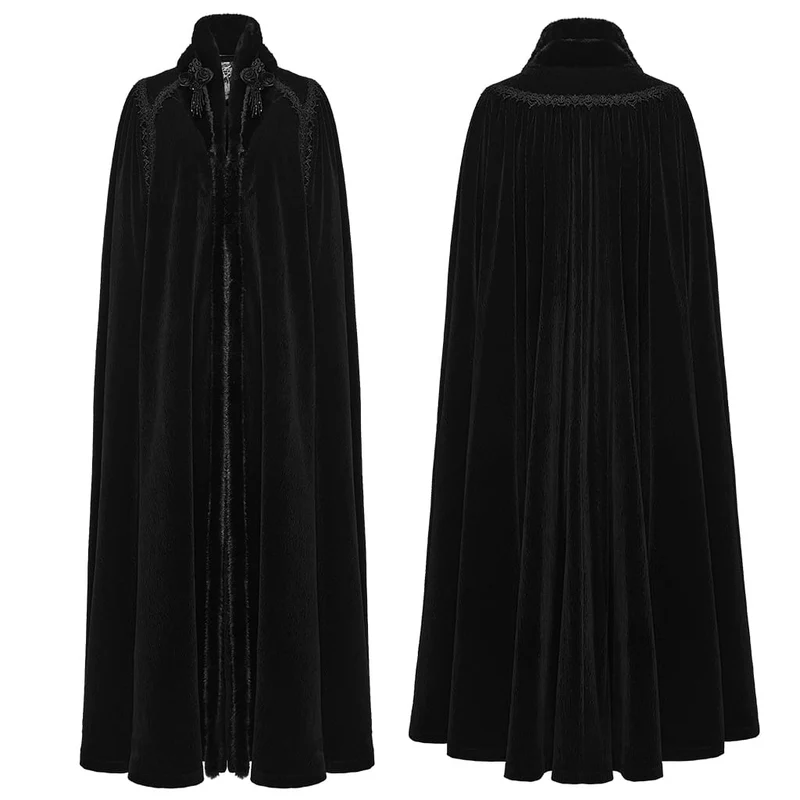 Gothic-Vintage-Samtmantel für Damen mit Stickereien, Kunstpelzbesatz