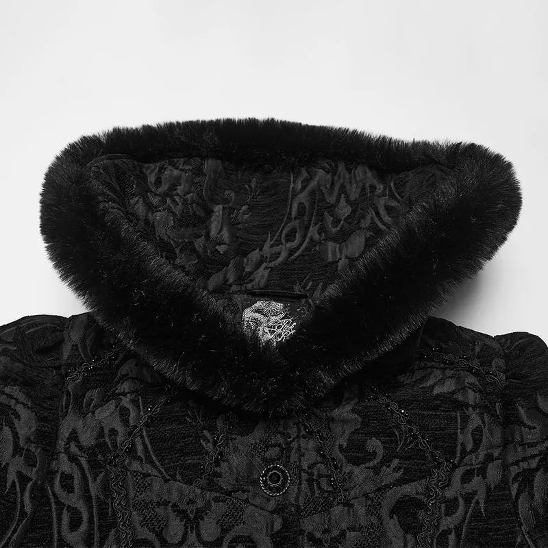 Schwarze lange Gothic-Jacquard-Jacke für Damen mit Schnürung und Kunstpelzbesatz