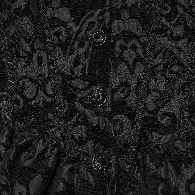 Schwarze lange Gothic-Jacquard-Jacke für Damen mit Schnürung und Kunstpelzbesatz
