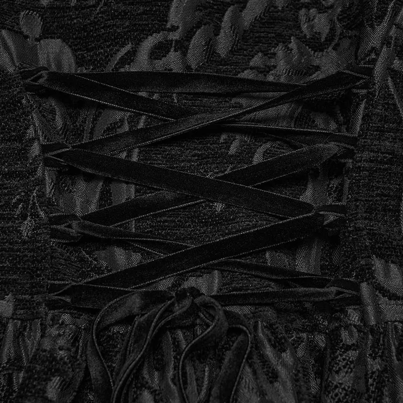 Schwarze lange Gothic-Jacquard-Jacke für Damen mit Schnürung und Kunstpelzbesatz