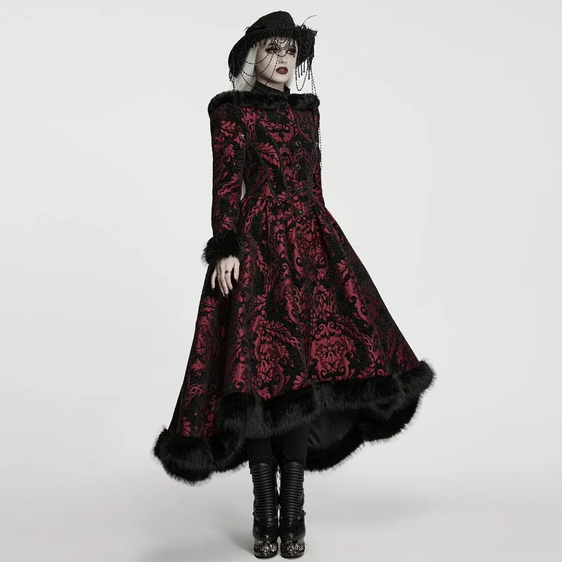 Lange, rote Gothic-Jacquard-Jacke für Damen mit Schnürung und Kunstpelzbesatz