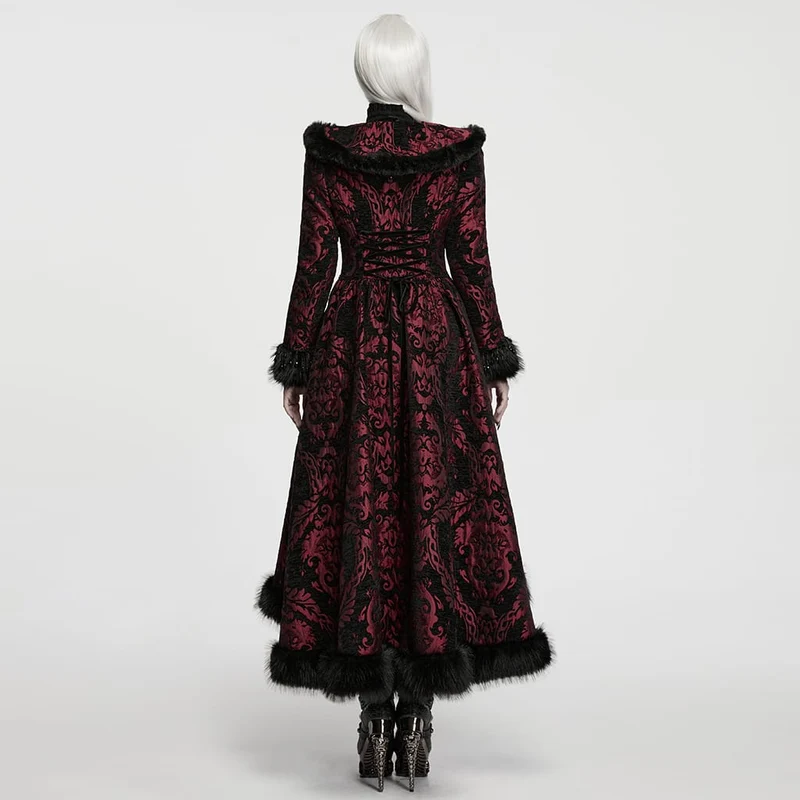 Lange, rote Gothic-Jacquard-Jacke für Damen mit Schnürung und Kunstpelzbesatz