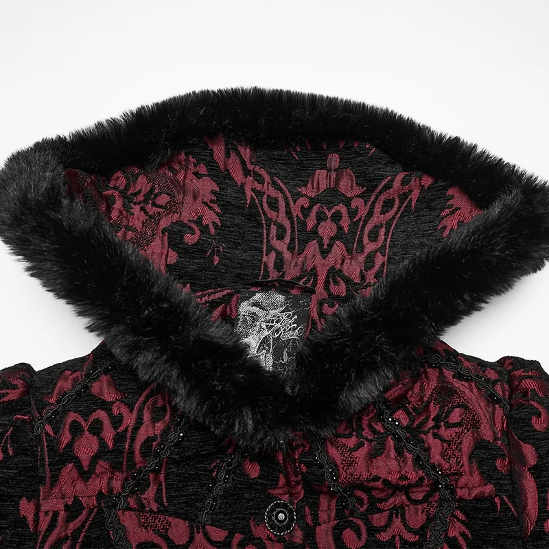 Lange, rote Gothic-Jacquard-Jacke für Damen mit Schnürung und Kunstpelzbesatz