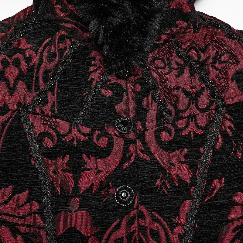 Lange, rote Gothic-Jacquard-Jacke für Damen mit Schnürung und Kunstpelzbesatz